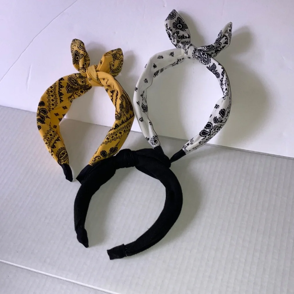 WIDE Knotted Headband Paisley and Solid Color with Top Knot Accent Set of 3